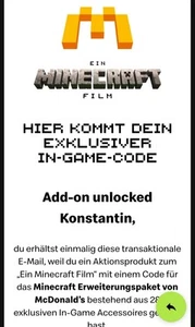 McDonalds Minecraft Erweiterungspaket Add-on In-Game Accessoires Code - Bild 1 von 1
