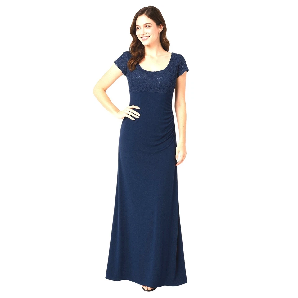 JS Boutique Size 12 Evening Gown Navy Blue Beaded Lace Bodice Ruching Scoop Back - Image 1 of 4