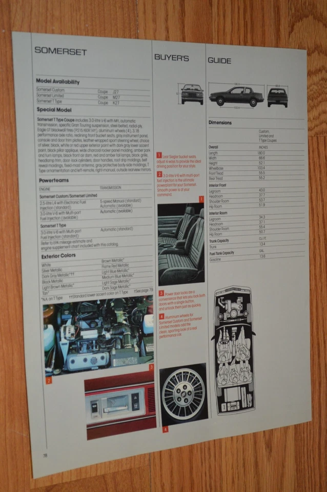Buick Somerset 1986/tipo T hoja de especificaciones del distribuidor original guía del comprador información del anuncio 86 Foto 1 de 1