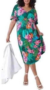 RÖMISCHE KURVE DAMEN RUCHED VORNE TROPISCH BLATT MIDI KLEID NEU (Ref. R) - Bild 1 von 4
