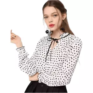 NWT Womens Allegra K Polka Dot Tie Neckline Flounce Long Sleeve Blouse Top - XS - Picture 1 of 2