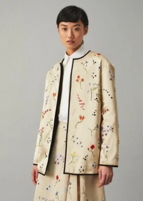 Chaqueta de satén acolchada con bordado Tory Burch frente abierto talla 6 piedra pálida 1G474 nueva con etiquetas Foto 1 de 4