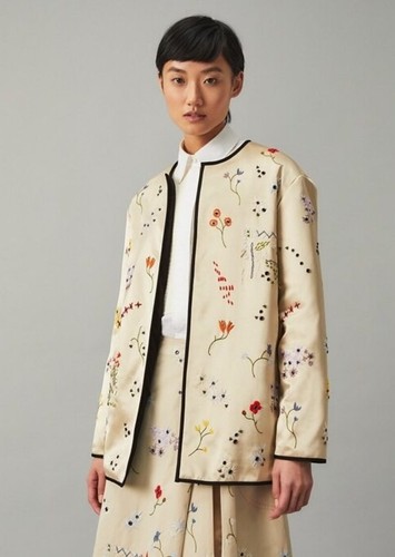 Giacca in raso trapuntata aperta davanti nuova con etichette Tory Burch impreziosita taglia 6 pietra pallida rara