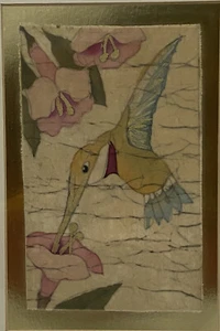 ORIGINAL BATIK PAINTING FLORAL WAX & DYE ON FABRIC JOAN GRAY RUFOUS HUMMINGBIRD - Picture 1 of 10