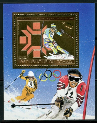 Tchad Olympic Games ,J.O.Sarajevo 1984 Slalom Ski Gold Foil Michel Bloc 161 A Cover