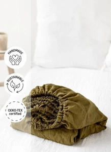 Linen 100% Olive Green Fitted Sheet With 2 Matching Pillow Custom size bed sheet - Picture 1 of 3