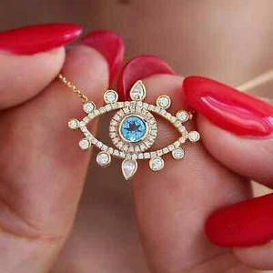 2Ct Round Lab Created Diamond Blue Topaz Evil Eye Pendant 14k Yellow Gold Plated - Picture 1 of 3