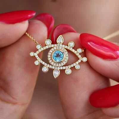2Ct Round Lab Created Diamond Blue Topaz Evil Eye Pendant 14k Yellow Gold Plated - Image 1 of 3