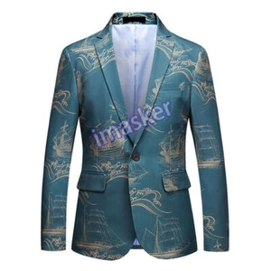 Men Sailing Ship Printed Suit Blazer Dress Jacket Coat Tops Dinner Party - Picture 1 of 16