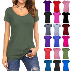 WOMENS CAP SHORT SLEEVE ROUND SCOOP NECK PLAIN T-SHIRT FITTED TEE TOP UK 8-26 - Picture 1 of 11