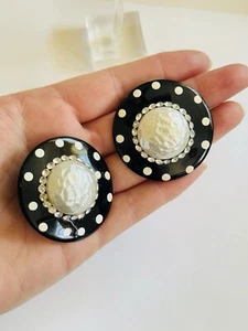 VTG Round Earrings statement Chunky Pierced 80s Enamel Baroque Pearl Crystal Fun - Picture 1 of 6