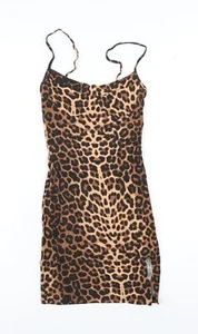 PRETTYLITTLETHING Womens Brown Animal Print Viscose Bodycon Size 2 V-Neck Pullov - Picture 1 of 10