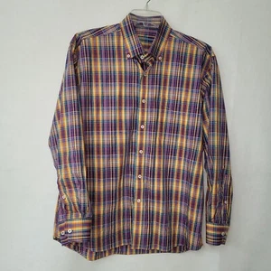 Alan Flusser Shirt Mens L Purple Yellow Plaid Cotton Pocket Preppy Office Casual - Picture 1 of 11