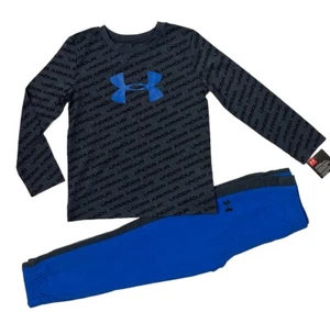 Under Armour NWT Boys Size 4T Sweat Pants LS Top UA Words Print Logo Blue Grey - Picture 1 of 5