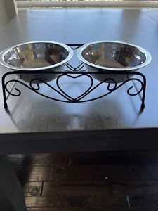 Stainless Steel Double Cat Food/Water Removable Bowls W/ Elevated Iron Stand - Picture 1 of 3