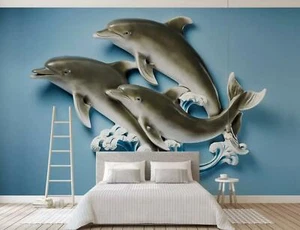 3D Statue Dolphin ZHU2750 Wallpaper Wall Mural Removable Self-adhesive Zoe - Picture 1 of 5