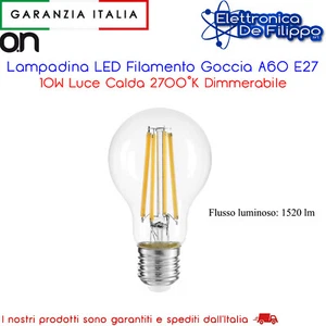 Lampadina LED Filamento Goccia A60 E27 10W Luce Calda 2700K Dimmerabile - Foto 1 di 2