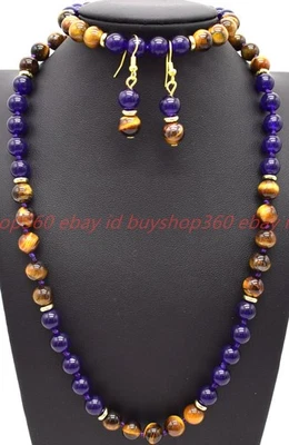 Novo Brinco Pulseira Olho de Tigre Amarelo 8mm Roxo Jade Gems 18/7,5 polegadas - Imagem 1 de 4