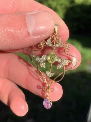 9ct Gold Suffragette Period Art Nouveau Amethyst Peridot Exceptional Pendant - Image 1 of 4