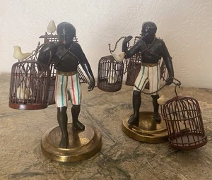 Petite Choses 5" Blackamoor Bronze Nubian Birdcage Seller Figurines Pr. - Picture 1 of 6