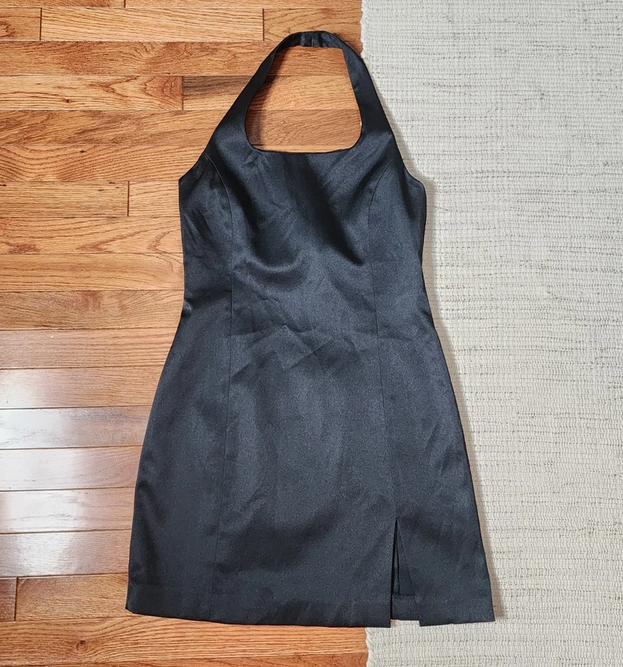 Y2K 90S Vintage Express Black Satin Dress Mini Halter Slit Party USA 7/8 - Image 1 of 4