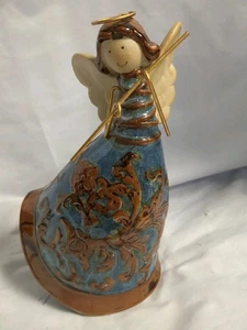 Ceramic Christmas Angel, Blue Cherub Playing Flute, Pottery Angel, Holiday - Picture 1 of 11