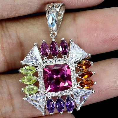 925 Pendente Argento Sterling Cuscino Rodolite Granato 8mm Topazio Gemma Jewelry - Immagine 1 di 4
