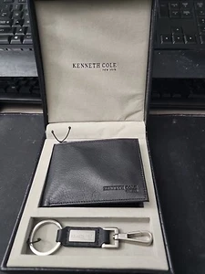 Kenneth Cole Men’s Black Genuine Leather Bifold Wallet 566205 Key Fob Gift Box - Picture 1 of 6
