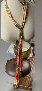 Long 31 in, Brass Chain, Peach Seed Beads Bronze, Orange Long Bead, Two Tassels - Picture 1 of 3
