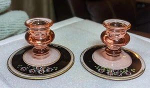 Vintage Pair Pink Hand-painted Depression Glass Candlestick Holders 3.25" T x 5" - Picture 1 of 14