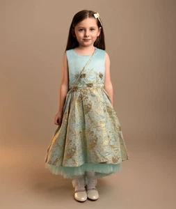Vestido de brocado azul y dorado línea A para bodas y ocasiones especiales para niñas, 2-12 años - Imagen 1 de 3