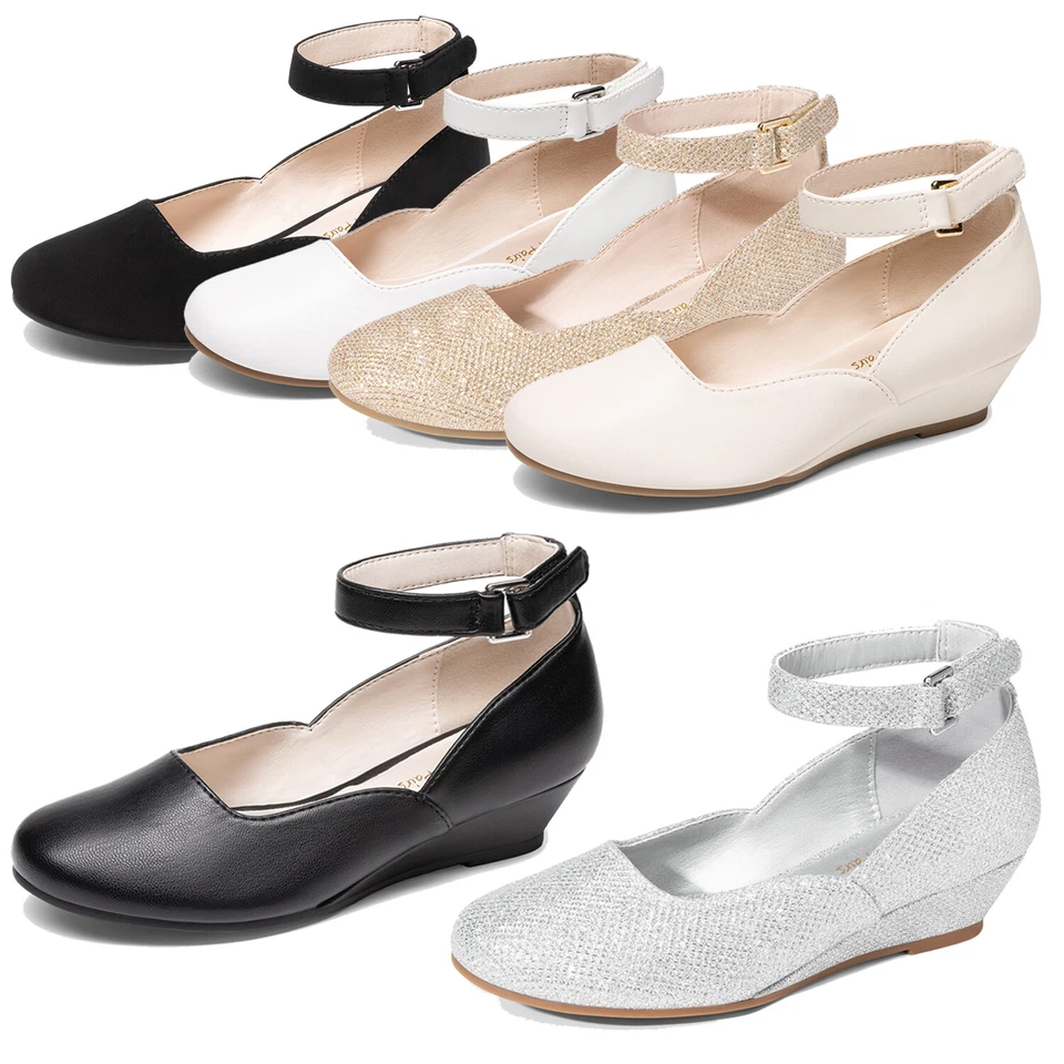 Zapatos de vestir con correa al tobillo para niñas Tacones bajos de cuña Boda Fiesta Formal Zapatos de salón Foto 1 de 4