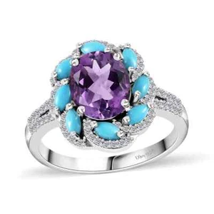 3.70ctw Rose De France Amethyst & SBT & Zircon Ring Platinum Plated Size 9 - Picture 1 of 6