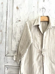RARE Victorian French TICKING linen WORN child LONG SHIRT mended c1900 - Picture 1 of 24