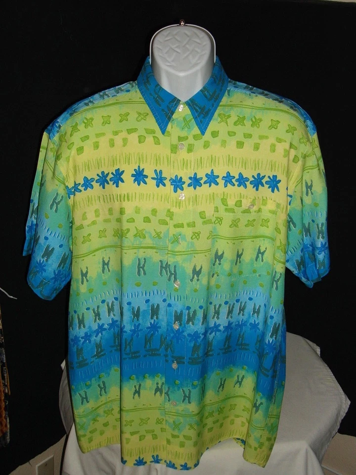 GEORG ROTH GREEN/YELLOW/BLUE GEO DESIGN VISCOSE/POLY S/S CASUAL SHIRT SZ. L - Image 1 of 4