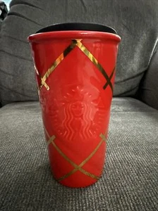 New 2016 Starbucks Red Gold Stripe Christmas Ceramic Cup Tumbler With Lid 10 Oz - Picture 1 of 6