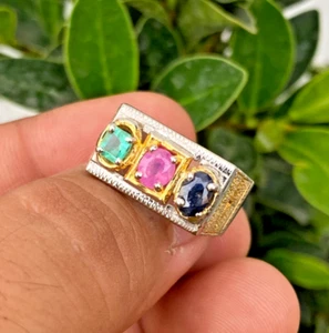 Natural Gems Blue Sapphire, Red Ruby, Green Emerald Multi Stones 925 Ring - Picture 1 of 6