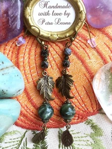 Ohrringe Edelstein SERAPHINIT Heilstein HERBST Blatt Blätter Schmuck Bronzef. - Bild 1 von 7
