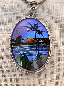 Antique Reverse Painted Brazil Blue Morpho Butterfly Wing Pendant & Chain, Rio - Picture 1 of 6