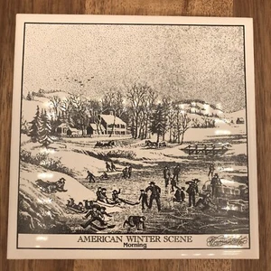 Vtg Currier + Ives American Winter Scene Black And White Tile Trivet W/wall Hook - Picture 1 of 3
