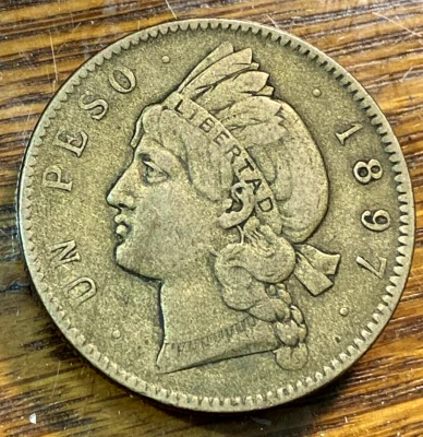 1897 Dominican Republic 1 Peso Pristine Original Abt. XF CHN - Image 1 of 2