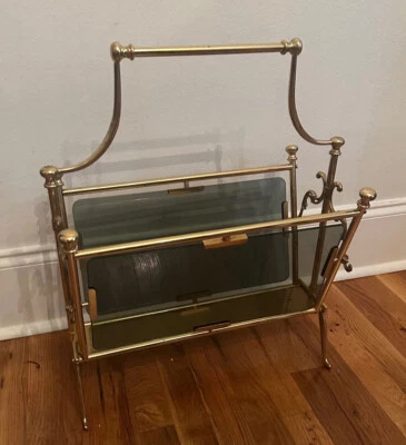 Vintage Italian Fontana Arte Polished Brass & Smoked Glass Magazine Rack, Italy - Image 1 of 4