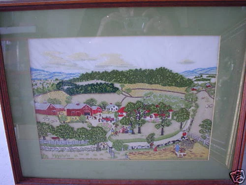 Vintage Folk Art Textile Needlecraft Amish Farm and House Framed - Image 1 of 1