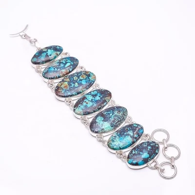 Браслет из стерлингового серебра 925 пробы с натуральным хризоколлой — мадагаскарским драгоценным камнем 7,99 дюйма B1 - Изображение 1 из 4