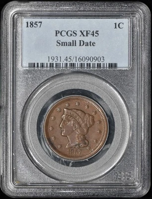 1857 Braided Hair Large Cent 1c Small Date PCGS XF45 - Image 1 of 3