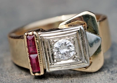 Antique Diamond & Ruby Ring 14K Yellow Gold BUCKLE Ring, 8 grams, Size 7.75 - Image 1 of 4
