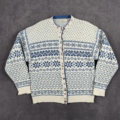 Cardigã suéter feminino vintage LL Bean XL azul branco ilha justa lã de Aspen EUA - Imagem 1 de 4