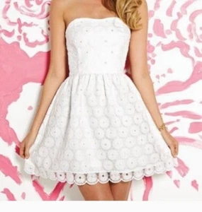 Lilly Pulitzer Payton Resort White Organza Pinwheel Dress Sz 6 Floral Pearl Lace - Picture 1 of 13