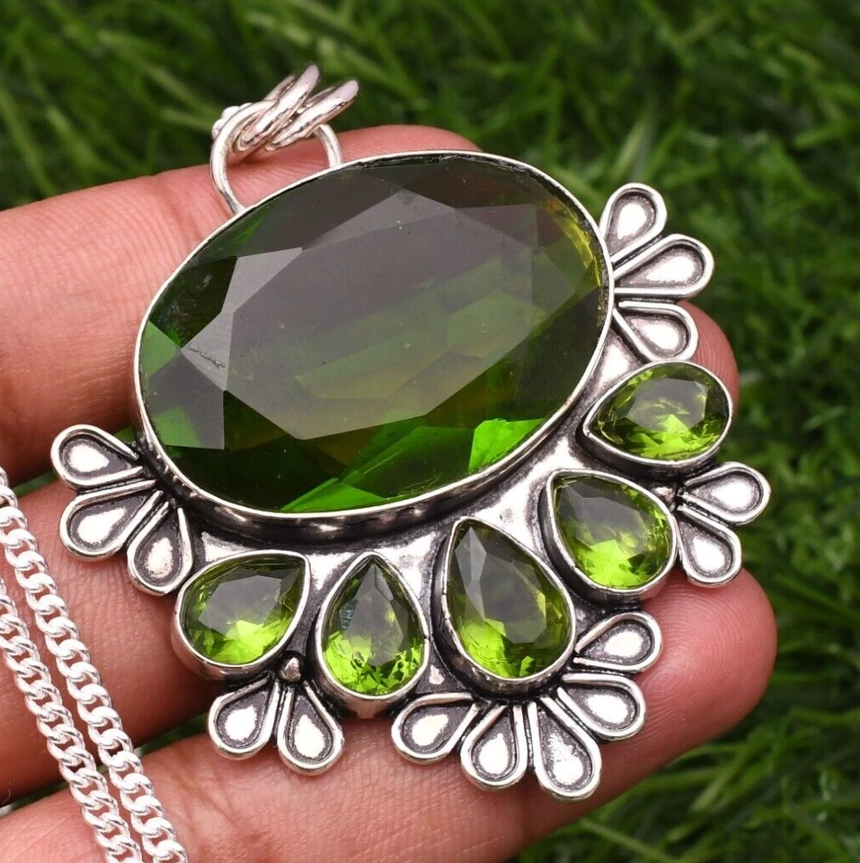 Peridot Pendant 925 Sterling Silver Gemstone Handmade Jewelry Pendant  2.15" - Image 1 of 4