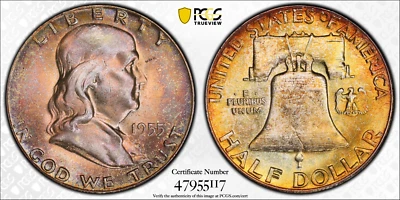1955 FRANKLIN HALF DOLLAR ~ PCGS MS65 ~ BEAUTIFUL RAINBOW TONING - Image 1 of 4